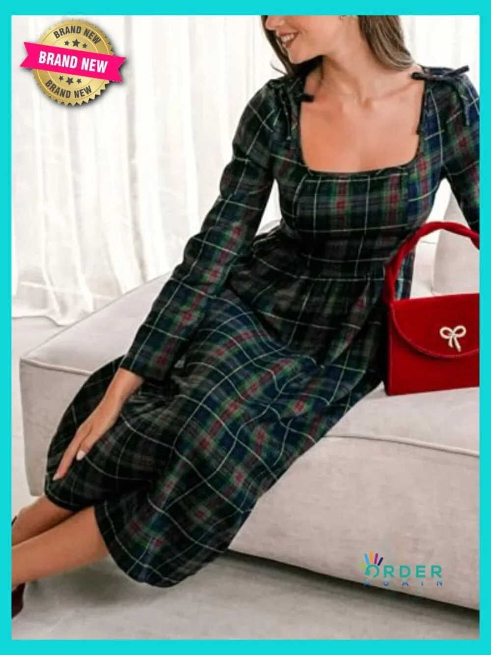 Square Neck Midi Dress Long Sleeve Smocked Waist Bow Knots Plaid Pattern Fall